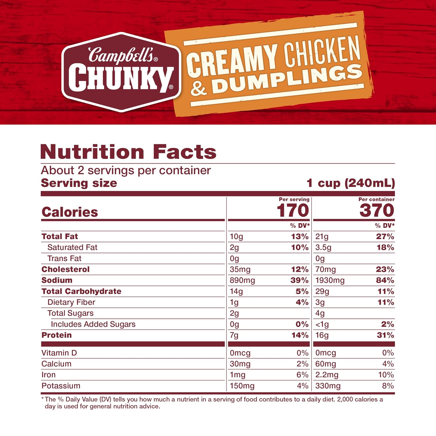 Campbell's Chunky Soup, Creamy Chicken and Dumplings Soup, 18.8 Oz Can - Image 2